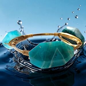 Blue Agate Stone Wire Wrapped Bangle Bracelet Polished Gold Tone Aqua Blue